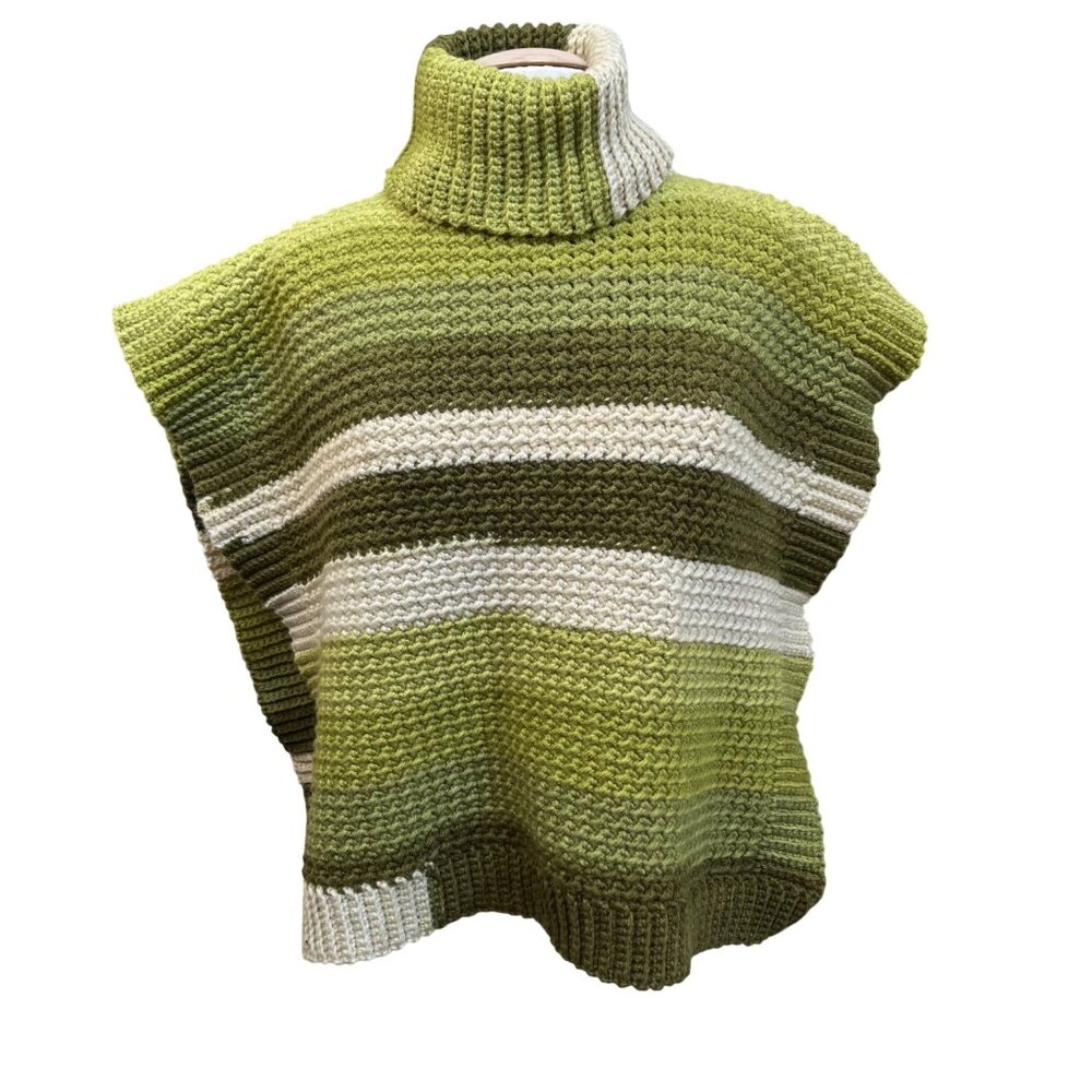 Hand Crocheted Homemade Poncho Cover-up Ruana Turtleneck Multi Green Sz S/M